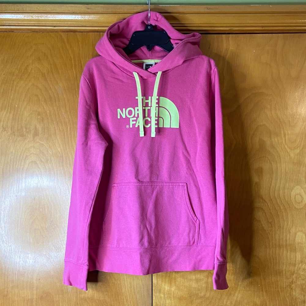 The North Face Fuchsia Hoodie with Yellow Logo. Size M